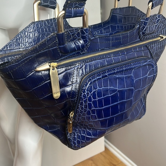 Maxx Navy Blue Croc Embossed Leather Tote Shoulder Bag Multiple Compartments - Picture 7 of 14